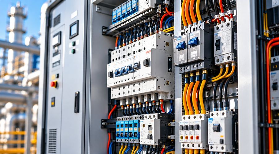 Open industrial electrical control panel with breakers and wiring